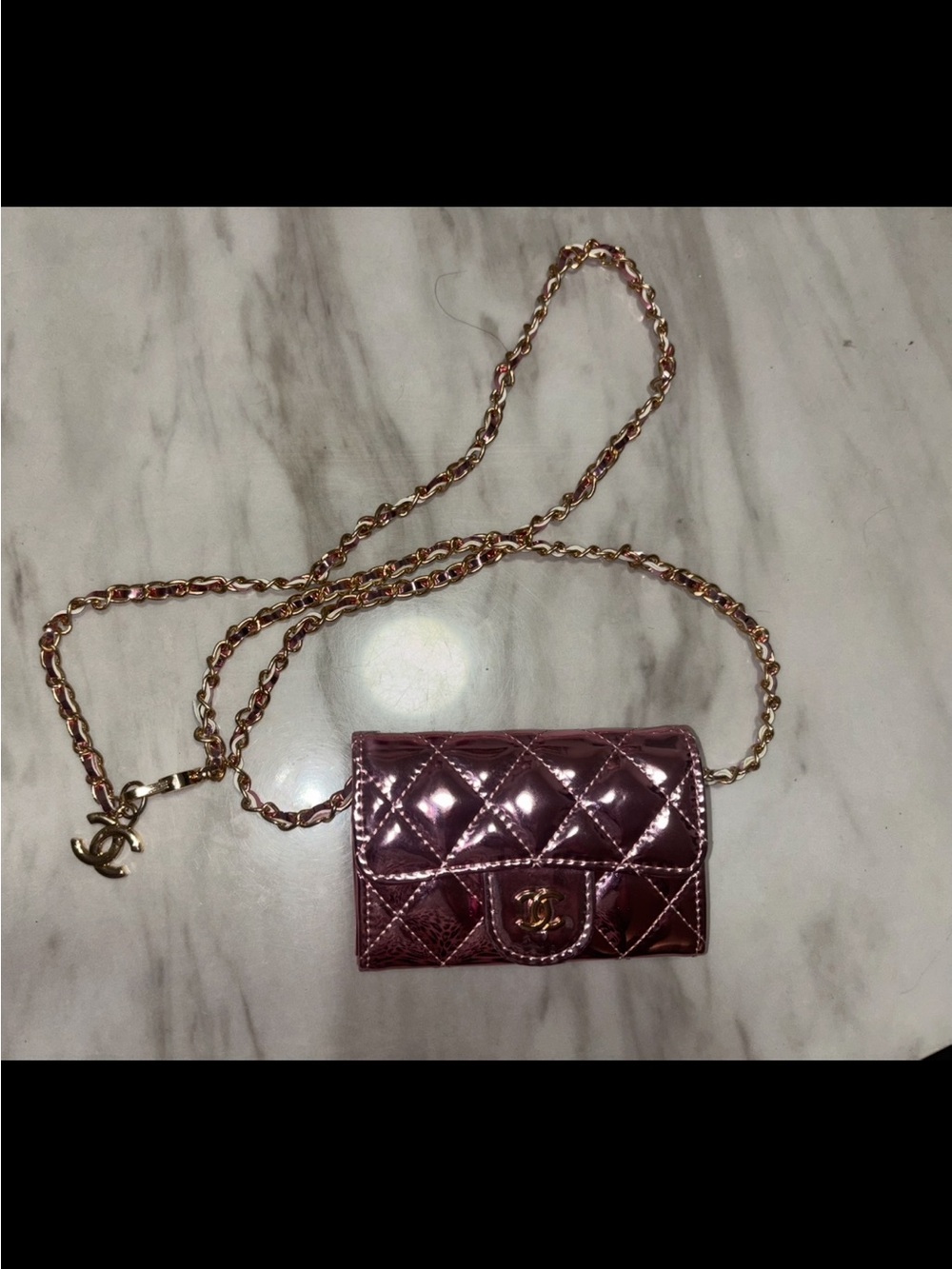 CHANEL Metallic Pink Quilted Patent Leather Mini Crossbody Wallet